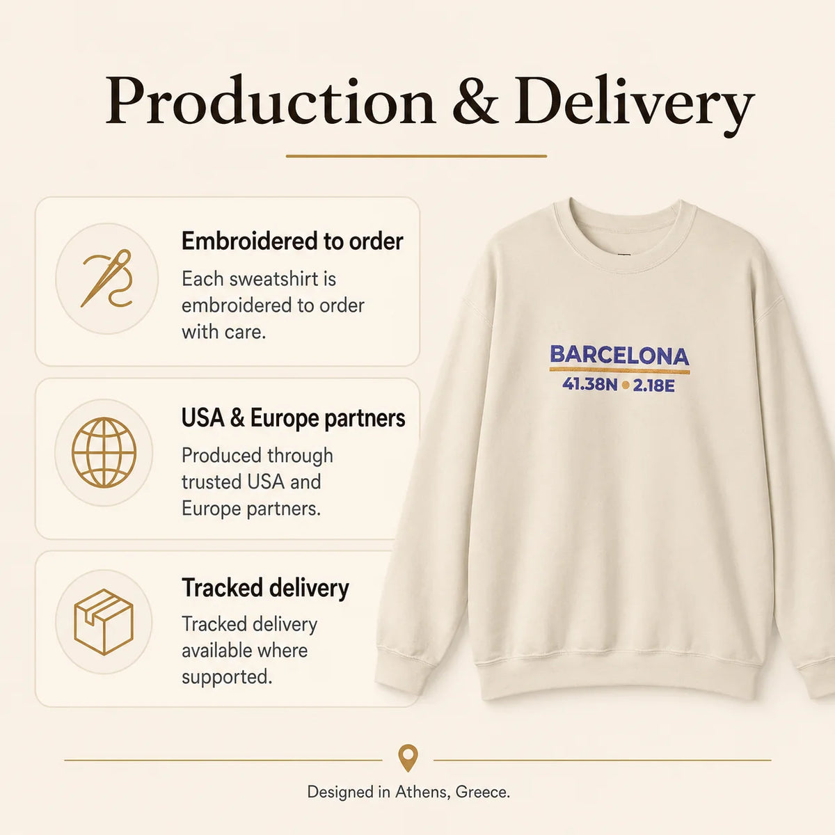 Barcelona Coordinates Embroidered Sweatshirt color overview showing the available embroidered sweatshirt colorways.