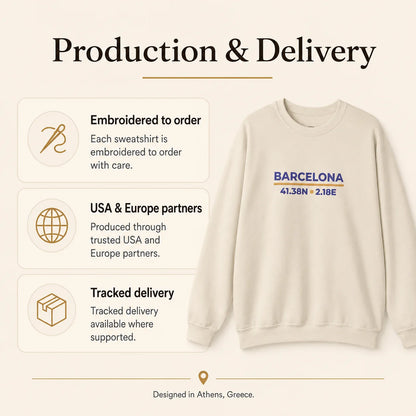 Barcelona Coordinates Embroidered Sweatshirt color overview showing the available embroidered sweatshirt colorways.