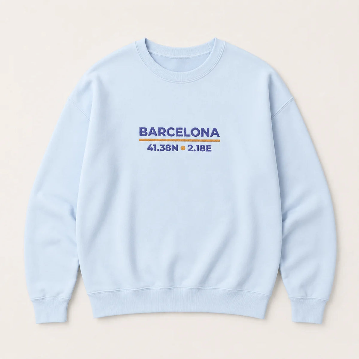 Barcelona Coordinates Embroidered Sweatshirt fit and size guide with embroidered product imagery and sizing information.