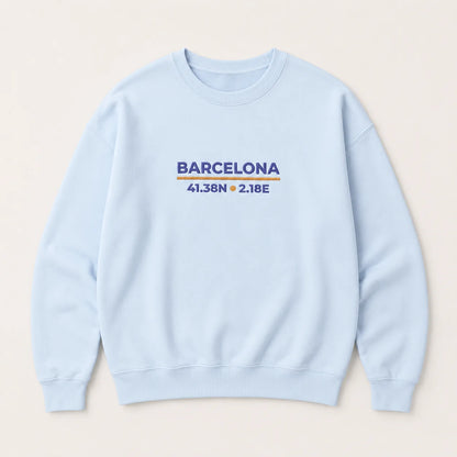 Barcelona Coordinates Embroidered Sweatshirt fit and size guide with embroidered product imagery and sizing information.