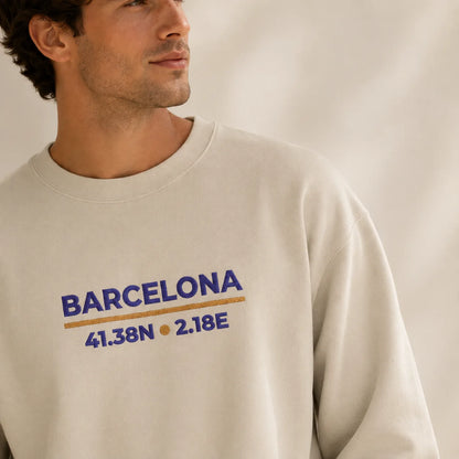 Barcelona Coordinates Embroidered Sweatshirt production and delivery guide with embroidered product imagery and fulfillment information.