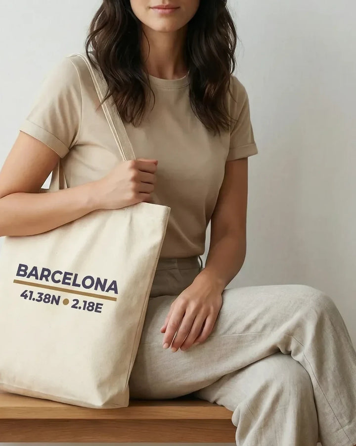 Barcelona Coordinates Tote Bag, Minimal City Design, Canvas Shopper, Travel Tote, ToldPrint Mediterranean graphic tote bag