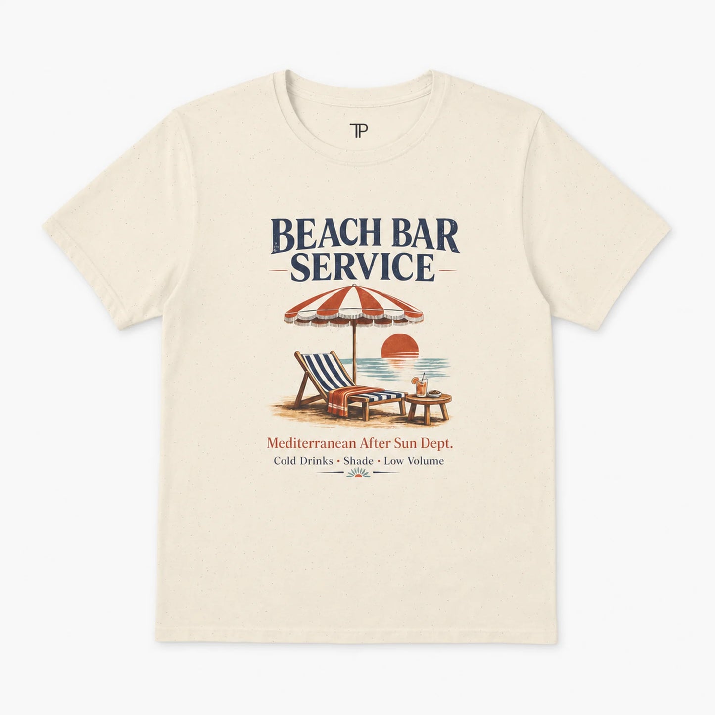 An off-white crewneck t-shirt featuring a retro beach bar graphic with the text 'BEACH BAR SERVICE' and a vintage illustration of a striped umbrella, lounge chair, and sunset.