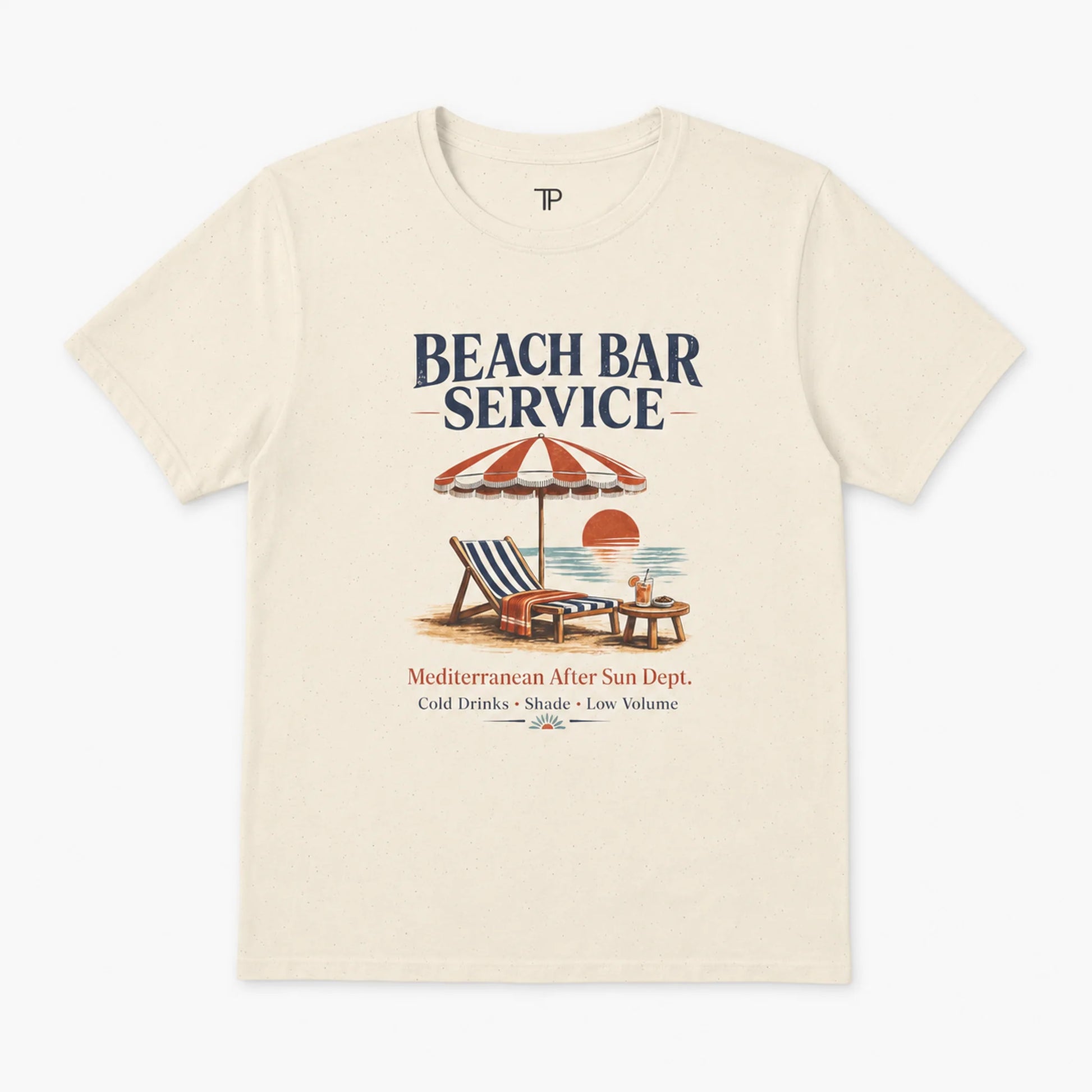 An off-white crewneck t-shirt featuring a retro beach bar graphic with the text 'BEACH BAR SERVICE' and a vintage illustration of a striped umbrella, lounge chair, and sunset.