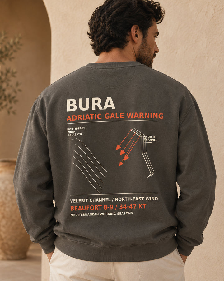 Bura Warning Pepper sweatshirt card image with large Adriatic Gale Warning back artwork