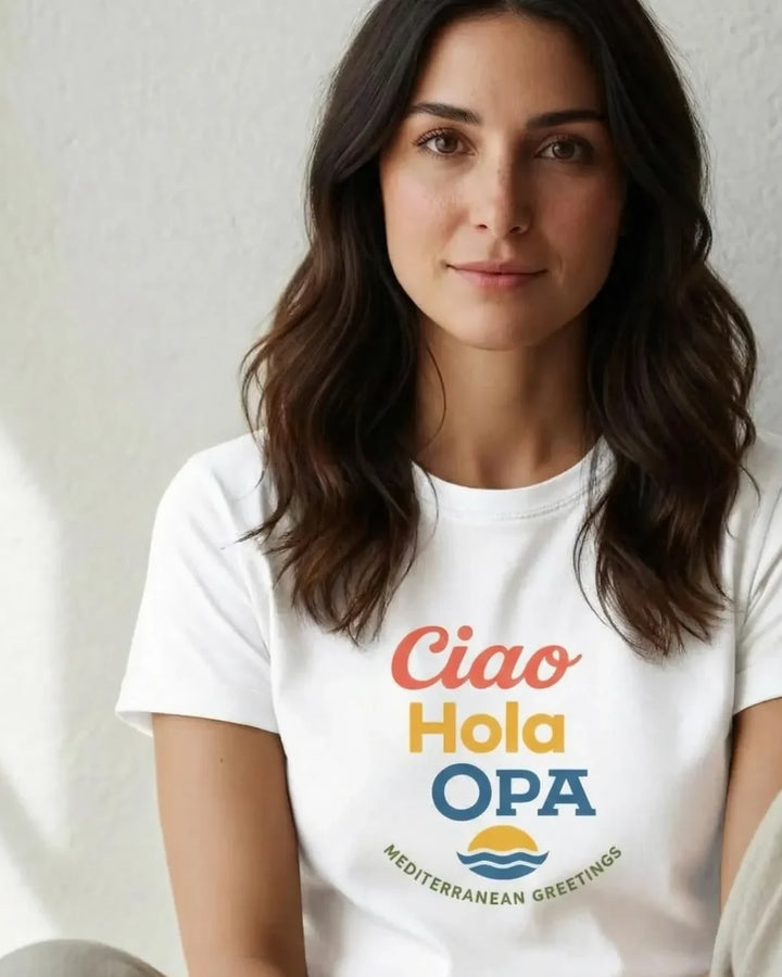Ciao Hola Opa T-Shirt, Mediterranean Greetings Tee, Coastal Travel Shirt, Unisex Summer Apparel, ToldPrint Mediterranean g...