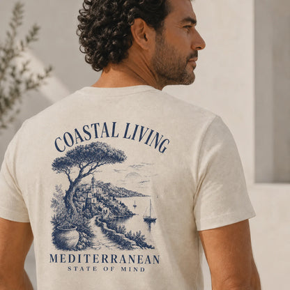TP HERO: Man wearing a t-shirt with 'Coastal Living Mediterranean State of Mind' design on the back.