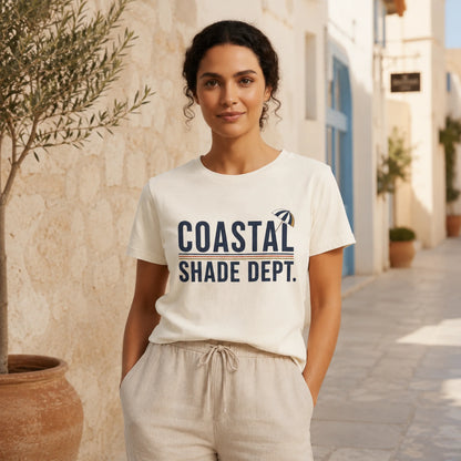 Coastal Shade Dept graphic T-shirt styled in a relaxed Mediterranean lifestyle scene
