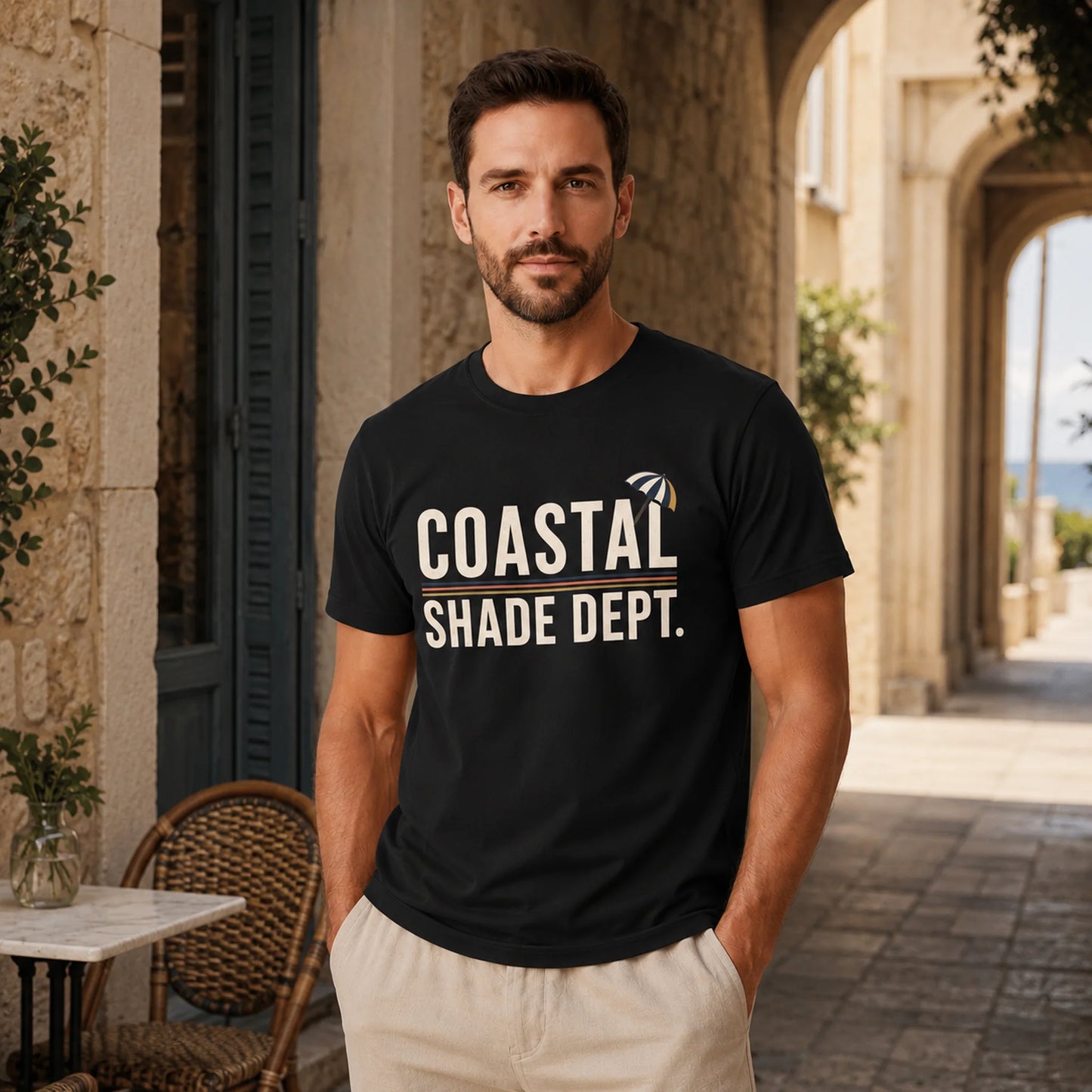 Woman wearing ivory Coastal Shade Dept graphic T-shirt in a warm Mediterranean setting