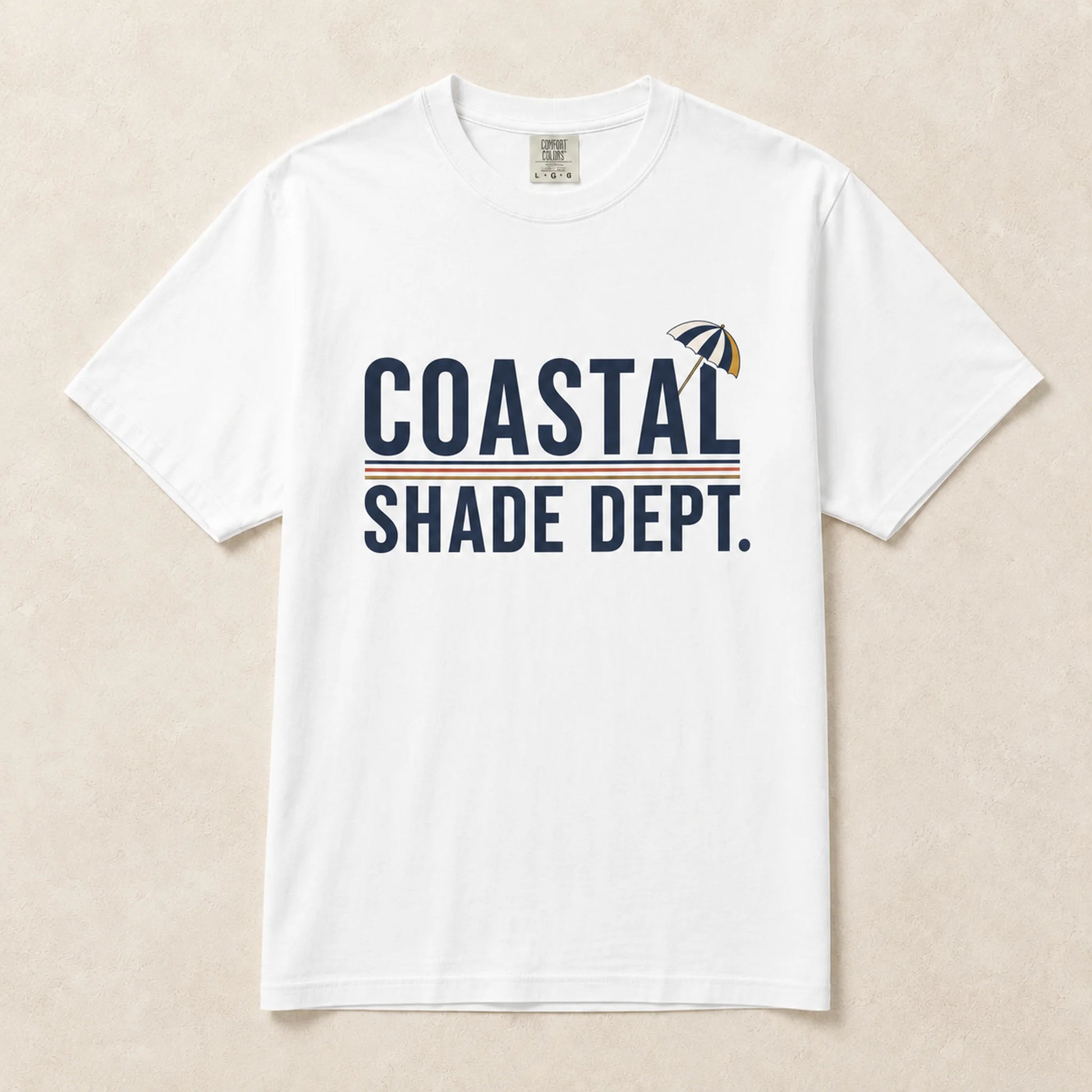White Coastal Shade Dept graphic T-shirt laid flat with retro coastal typography design