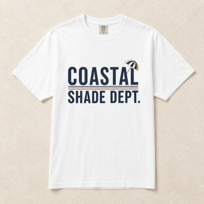 White Coastal Shade Dept graphic T-shirt laid flat with retro coastal typography design
