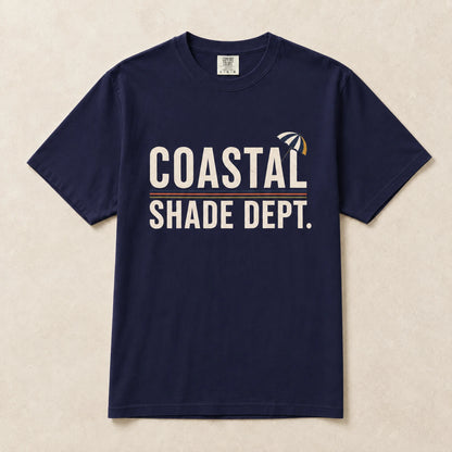 Navy Coastal Shade Dept graphic T-shirt laid flat with vintage beach-inspired print