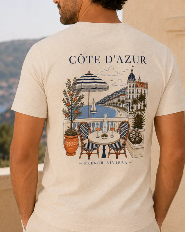 French Riviera graphic tee with a refined left-chest emblem and large Côte d’Azur back print.