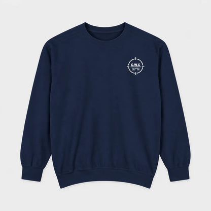 True Navy Cyclades Walking Club Comfort Colors 1566 sweatshirt flat lay with the small circular C.W.C. 37 degrees N left-chest mark.