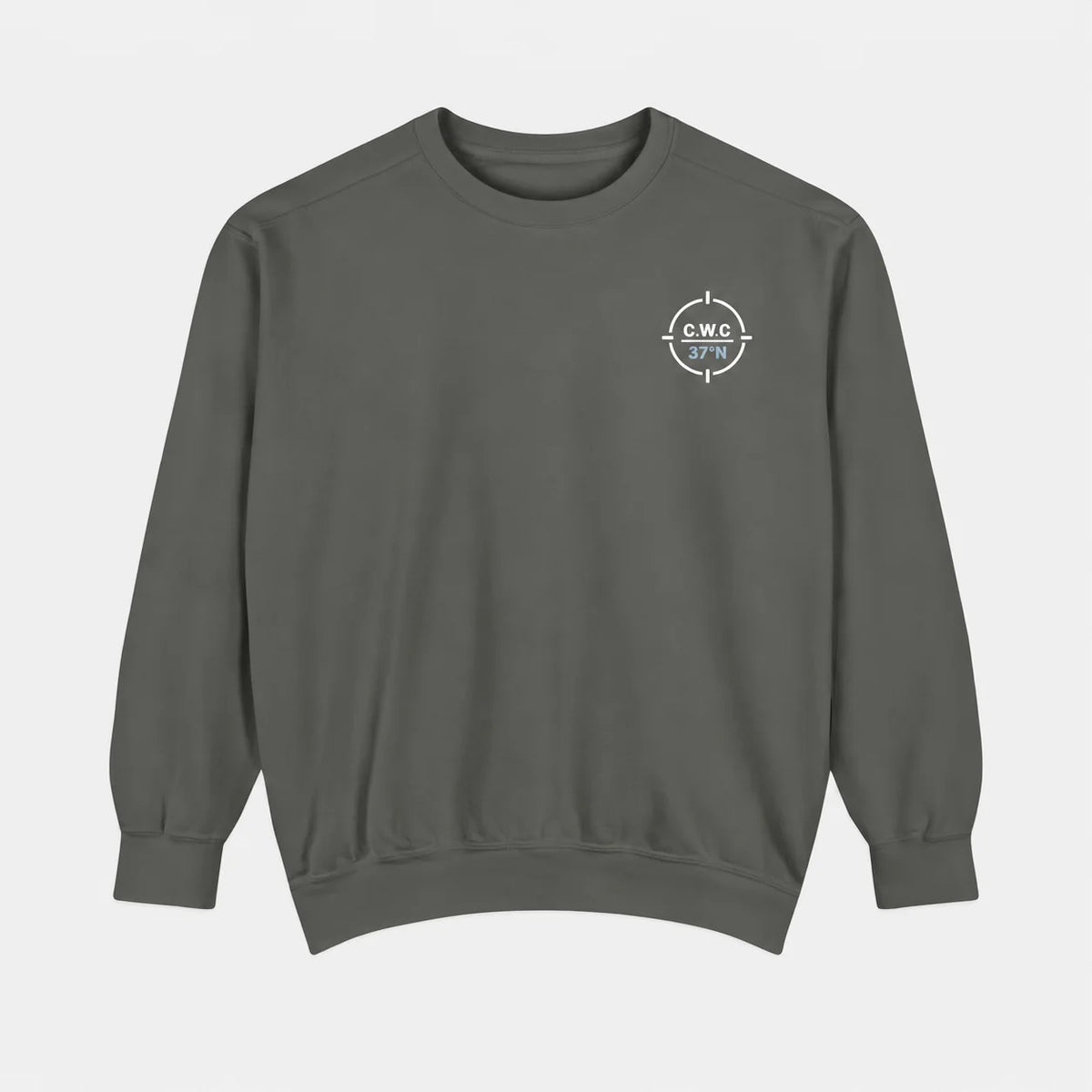 Pepper Cyclades Walking Club Comfort Colors 1566 sweatshirt flat lay with the small circular C.W.C. 37 degrees N left-chest mark.