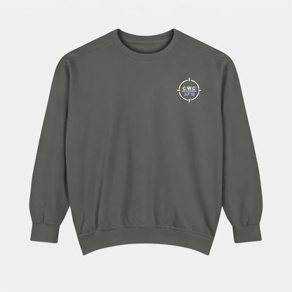 Pepper Cyclades Walking Club Comfort Colors 1566 sweatshirt flat lay with the small circular C.W.C. 37 degrees N left-chest mark.