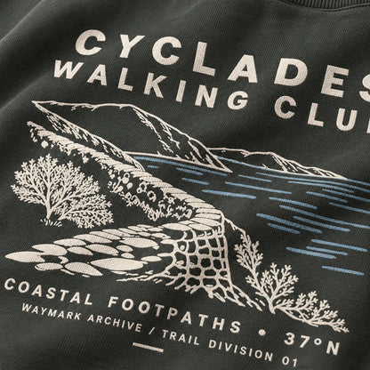 Close-up of the Pepper Cyclades Walking Club sweatshirt back print, featuring the coastal footpath illustration, C.W.C. artwork and 37 degrees N details.