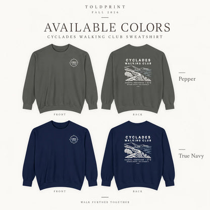 A color options graphic for the Toldprint Cyclades Walking Club sweatshirt, showing two sweatshirt views (front and back) in Pepper and True Navy colors, with text labels and branding.