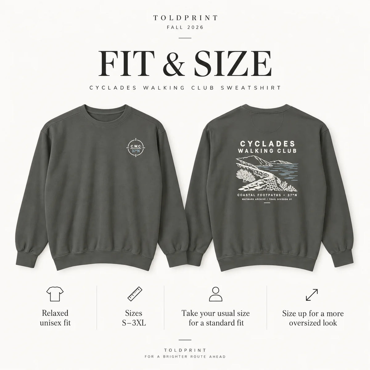 A fit and size comparison graphic for the Toldprint Cyclades Walking Club sweatshirt, showing both front and back views of a dark gray crewneck sweatshirt on a light background with informational text and icons.
