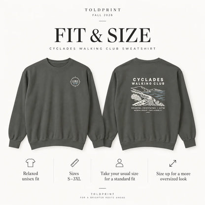 A fit and size comparison graphic for the Toldprint Cyclades Walking Club sweatshirt, showing both front and back views of a dark gray crewneck sweatshirt on a light background with informational text and icons.