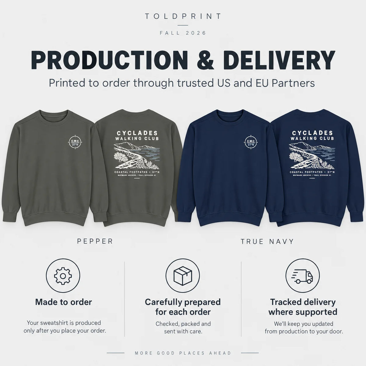 A promotional graphic for Toldprint showing two sweatshirt colorways under the heading 'PRODUCTION & DELIVERY' for Fall 2026. On the left is a muted gray-green sweatshirt labeled 'PEPPER' with a small circular chest graphic, and on the right is a navy sweatshirt labeled 'TRUE NAVY' with a larger 'CYCLADES WALKING CLUB' chest graphic.
