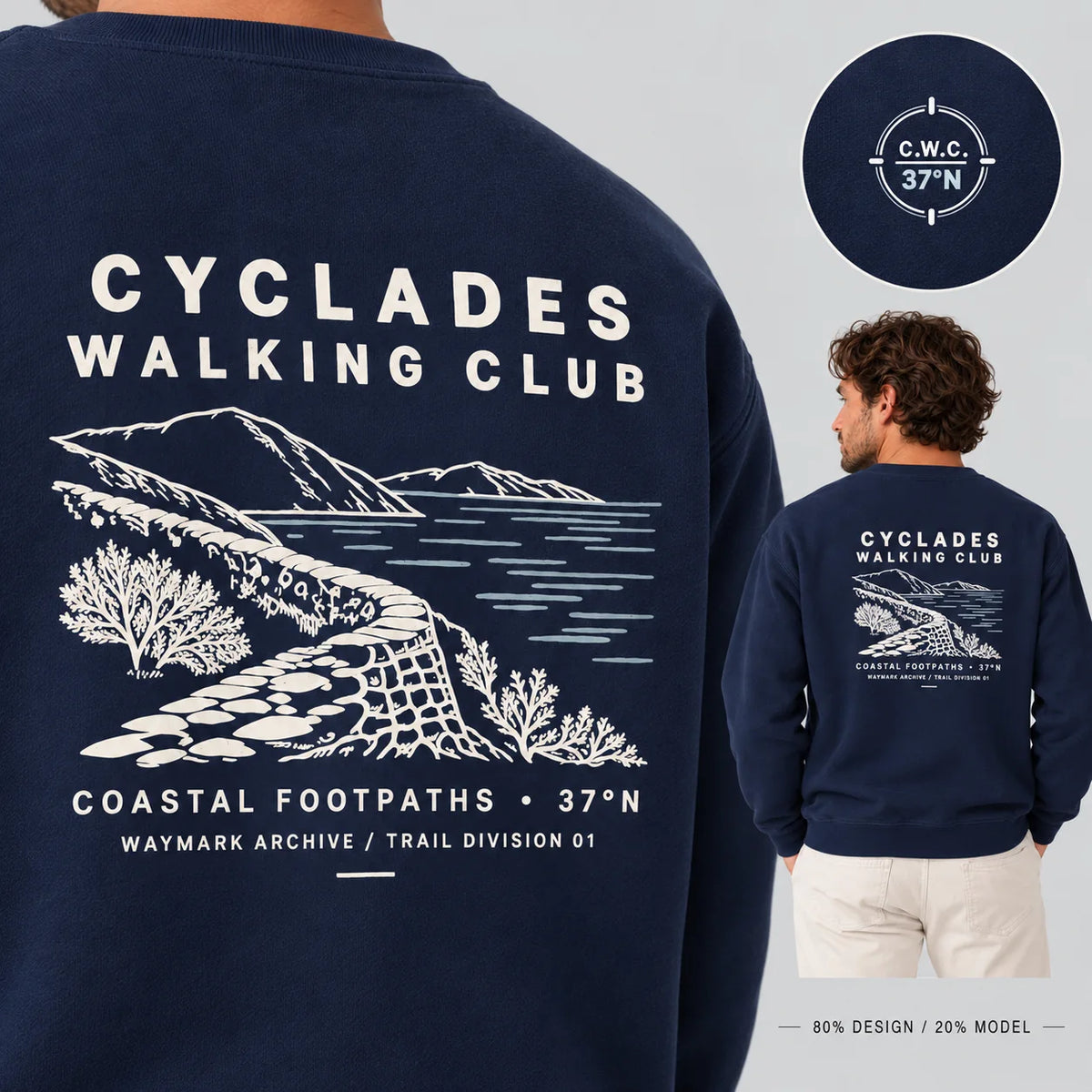 A navy blue crewneck sweatshirt with a white graphic print of the Cyclades Walking Club, featuring a coastal landscape illustration and text. The image shows a close-up of the back of the sweatshirt on the left, and a model wearing the sweatshirt from the back on the right, with a circular inset logo at the top right.