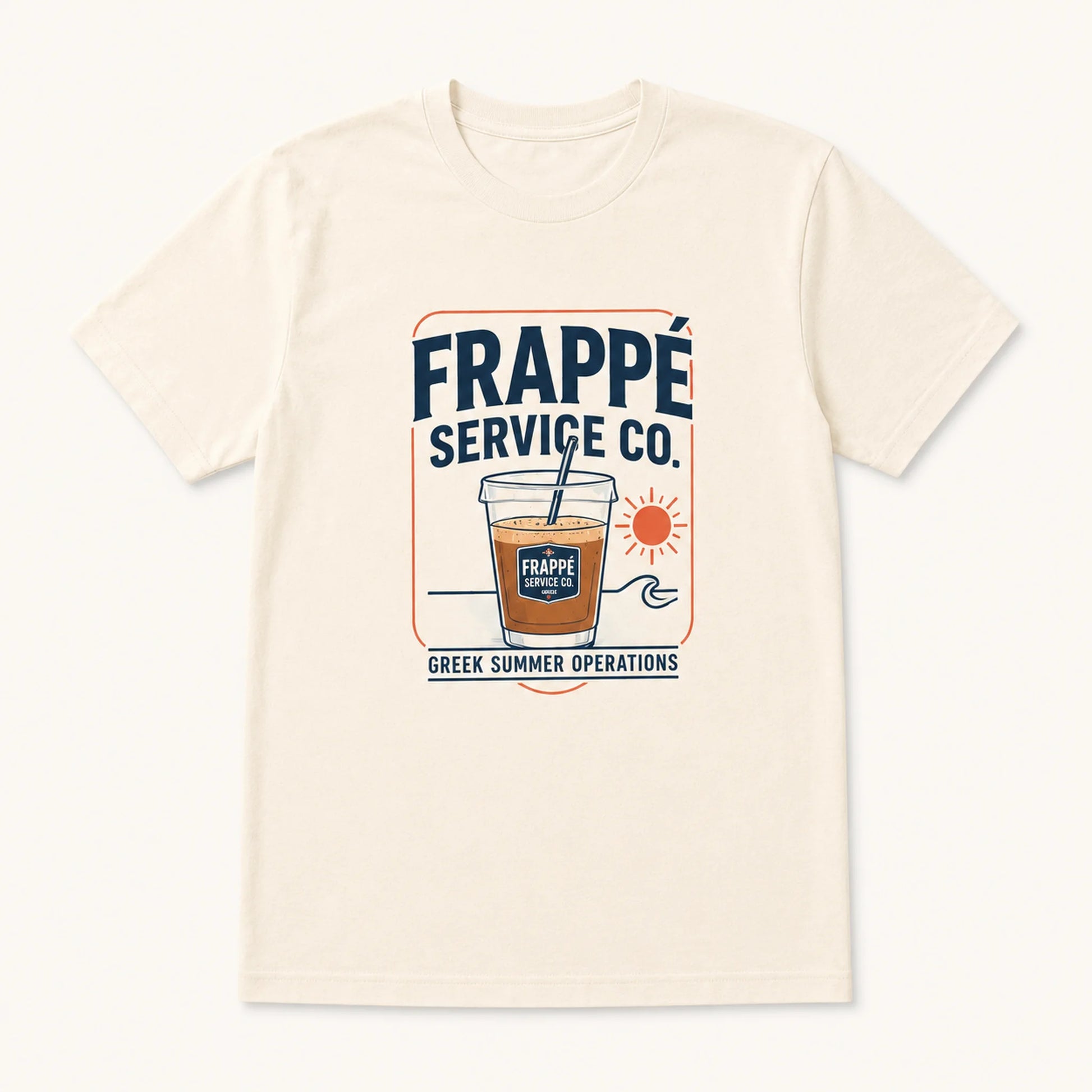 Beige t-shirt with 'Frappé Service Co.' graphic design on a white background