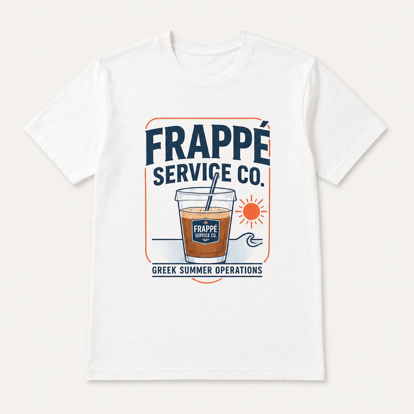 White t-shirt with 'Frappé Service Co.' graphic design on a white background
