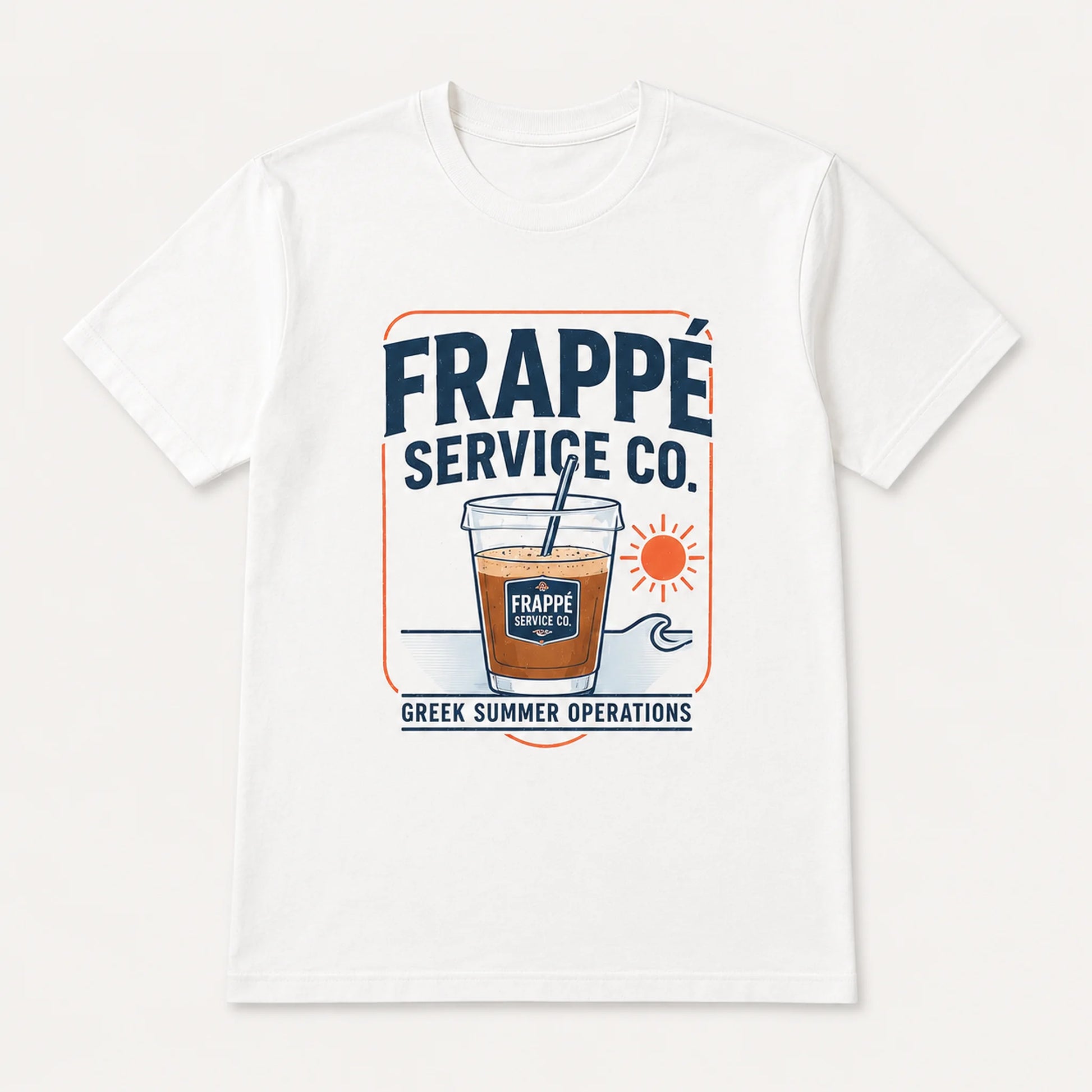 White t-shirt with 'Frappé Service Co.' graphic design on a white background