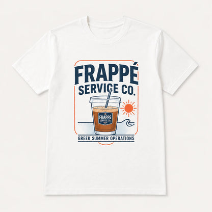 White t-shirt with 'Frappé Service Co.' graphic design on a white background