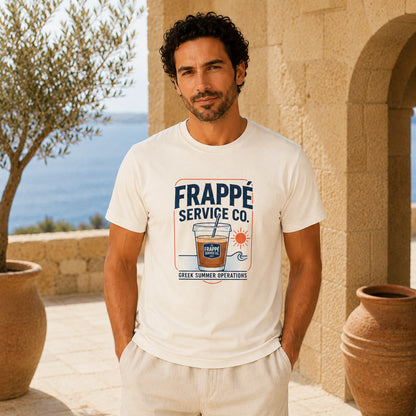 Man wearing a 'Frappé Service Co.' t-shirt with a scenic background