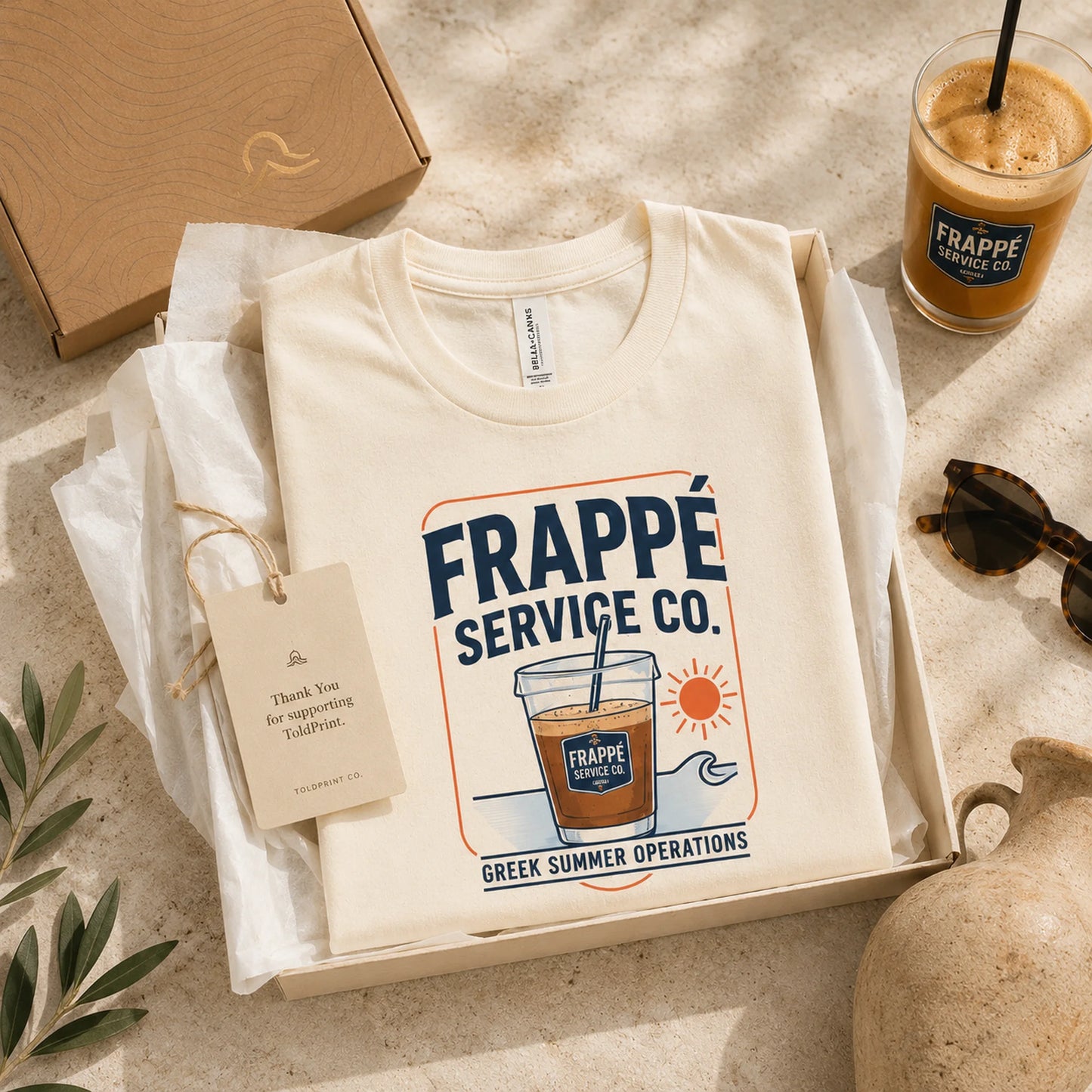 T-shirt with 'Frappé Service Co.' design in a box with a glass of frappe and packaging on a textured surface.