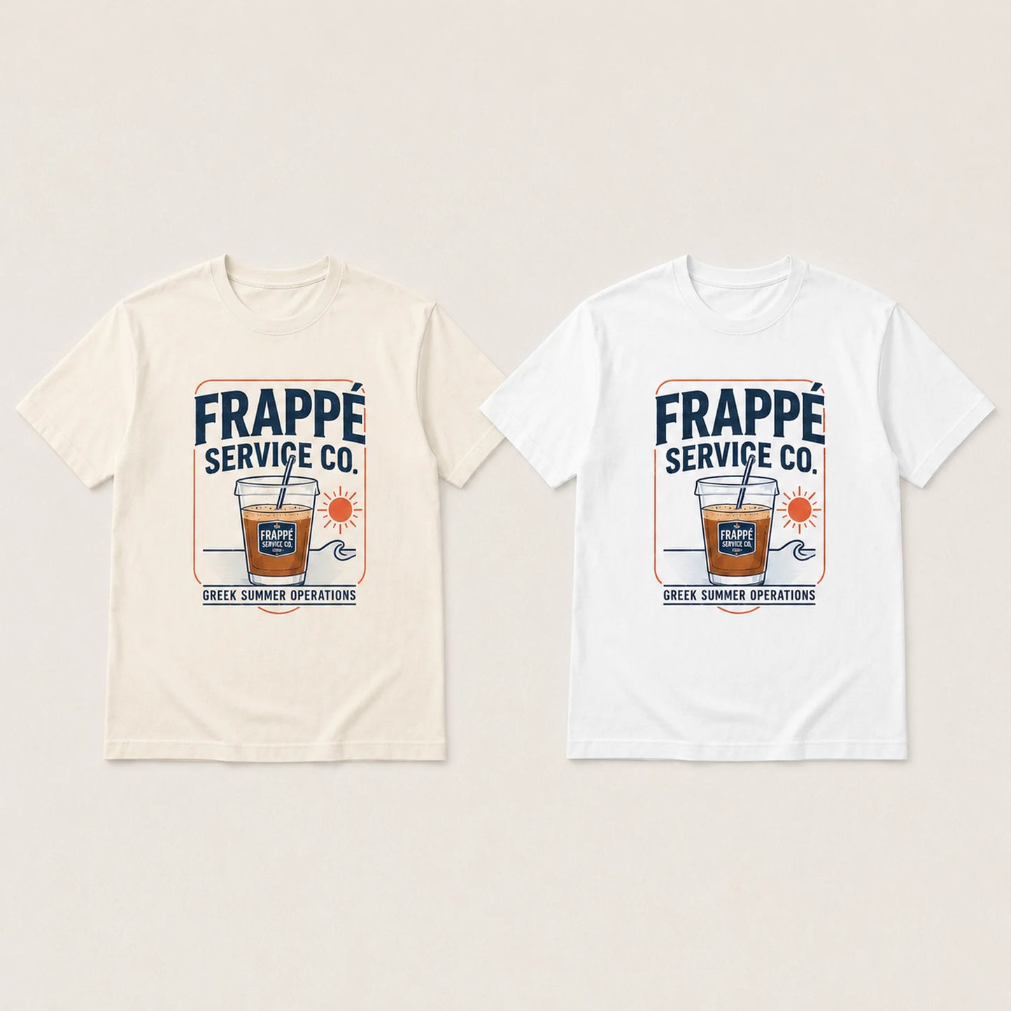 Two t-shirts with 'Frappé Service Co.' design on a light gray background