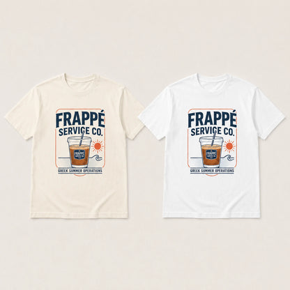 Two t-shirts with 'Frappé Service Co.' design on a light gray background