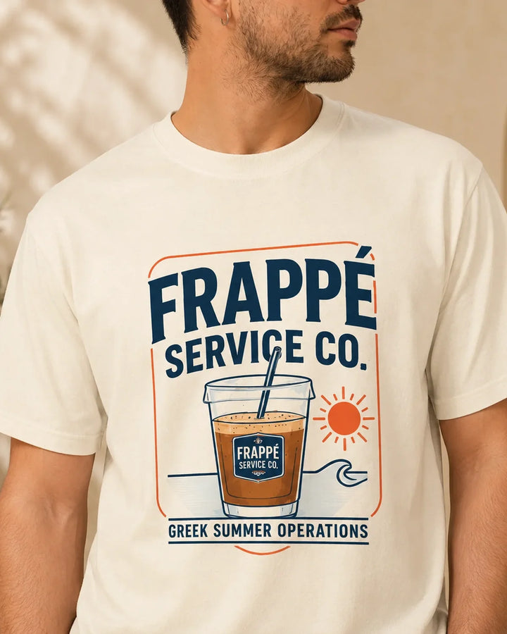 Frappe Service Co. T-Shirt - Greek Summer Coffee Graphic Tee, ToldPrint Mediterranean graphic t-shirt