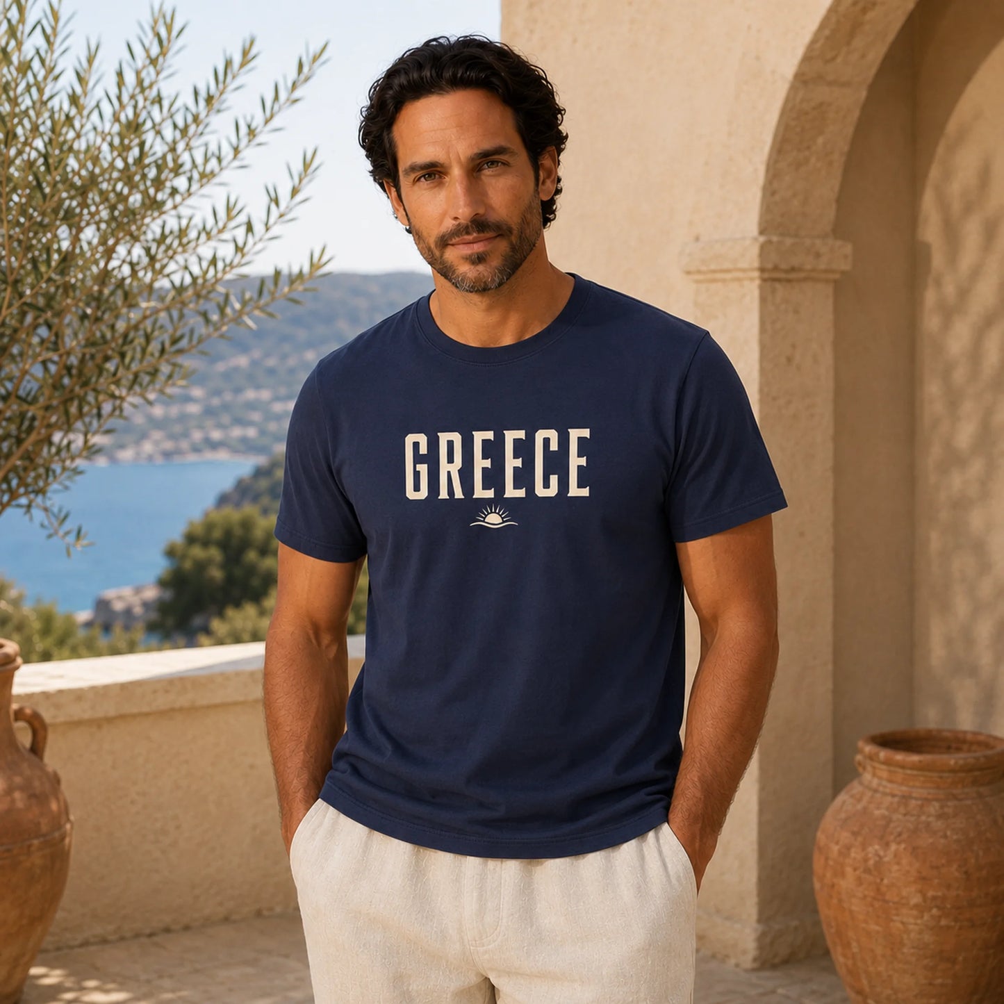 A man wearing a navy blue t-shirt with 'GREECE' printed in white across the chest, standing on a sunlit stone terrace with a scenic sea and mountains in the background.