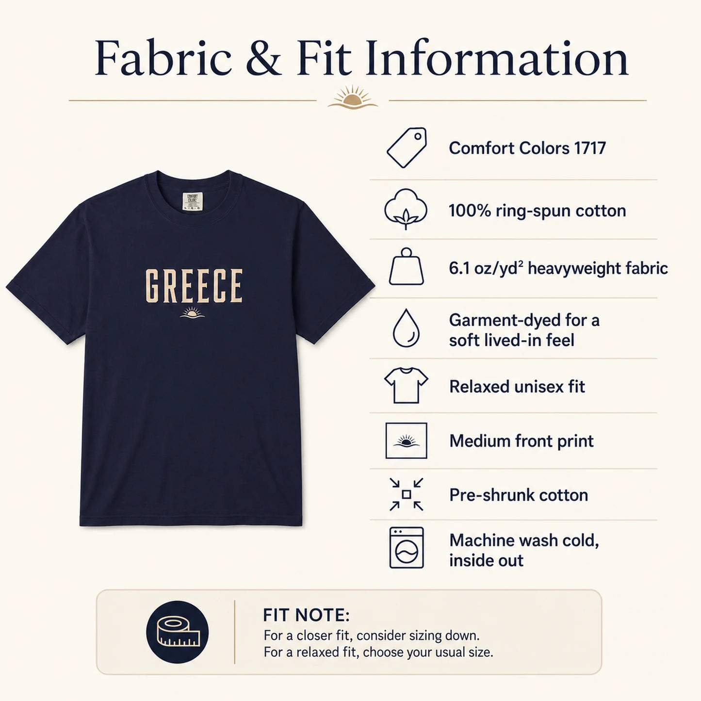 A navy blue short-sleeve t-shirt with 'GREECE' printed in beige across the chest, shown alongside fabric and fit information text on a light cream background. The text lists material details such as 100% ring-spun cotton and mentions Comfort Colors 1717.