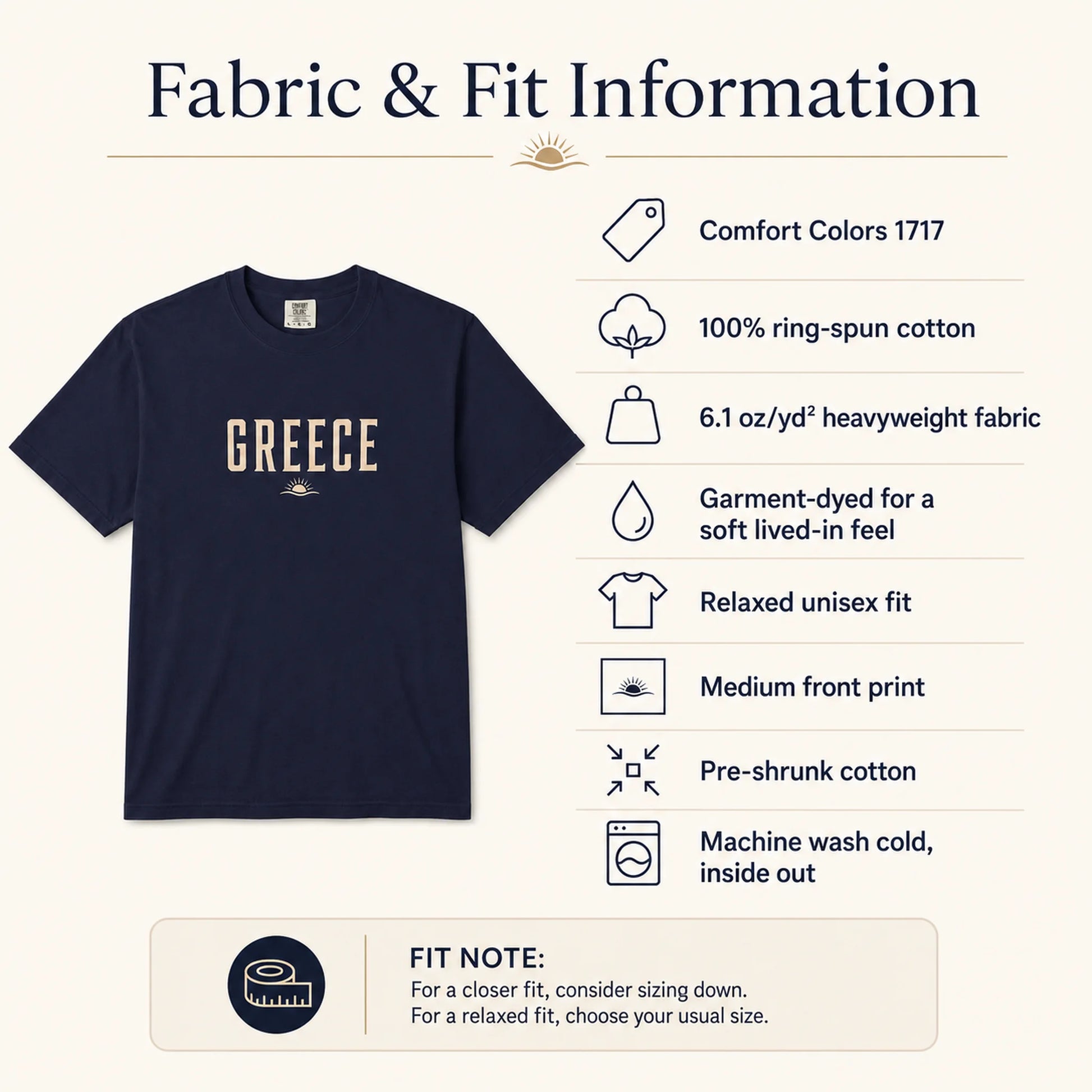 A navy blue short-sleeve t-shirt with 'GREECE' printed in beige across the chest, shown alongside fabric and fit information text on a light cream background. The text lists material details such as 100% ring-spun cotton and mentions Comfort Colors 1717.