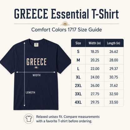 Size guide graphic for the GREECE Essential T-Shirt in Comfort Colors 1717. The image features a navy blue t-shirt with a beige 'GREECE' graphic on the chest, showing dimension lines for width and length.