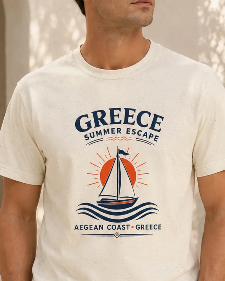 Greece Summer Escape T-Shirt with Aegean sailboat artwork on natural tee