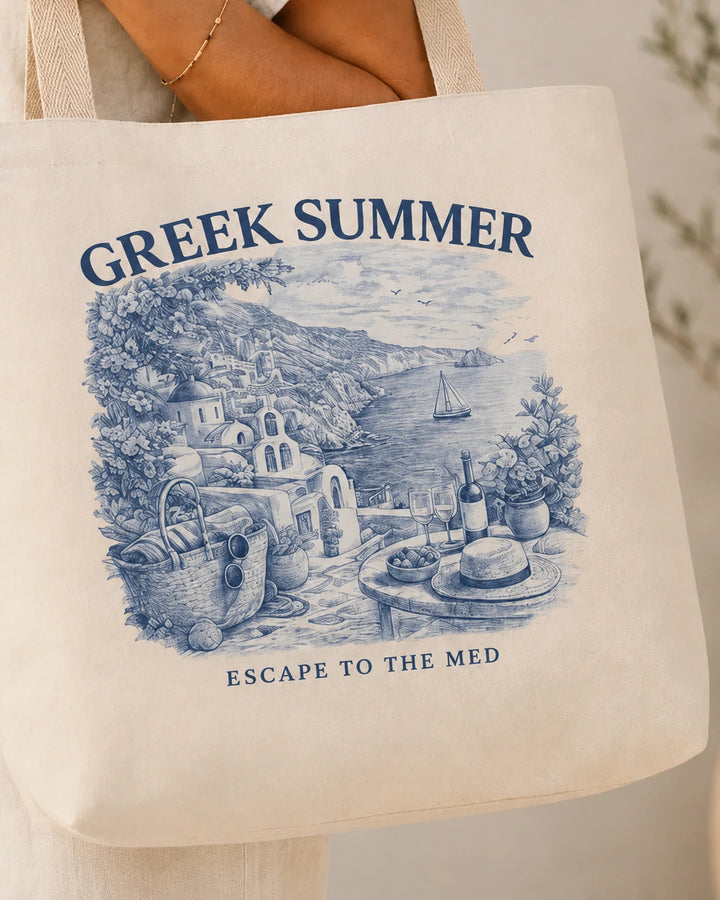 Greek Summer Mediterranean Tote Bag, ToldPrint Mediterranean graphic tote bag