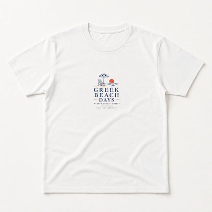 A white short-sleeve crewneck t-shirt with a 'Greek Beach Days' graphic printed on the center chest, displayed flat against a clean white background.