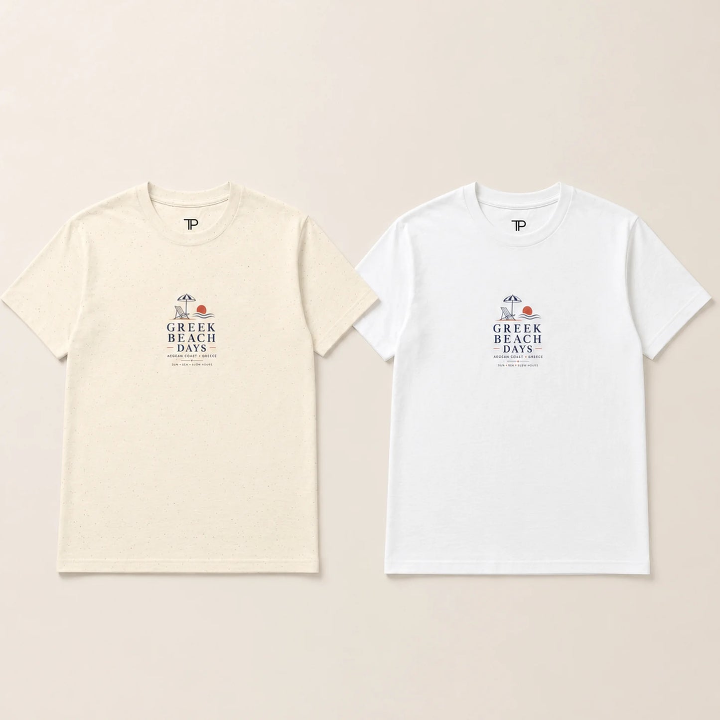 Two short-sleeve crewneck T-shirts displayed side by side on a light beige background. The left shirt is cream/off-white and the right shirt is white.
