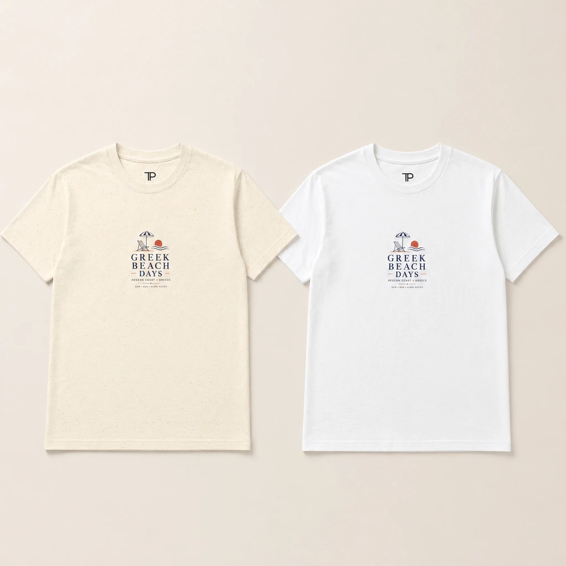 Two short-sleeve crewneck T-shirts displayed side by side on a light beige background. The left shirt is cream/off-white and the right shirt is white.