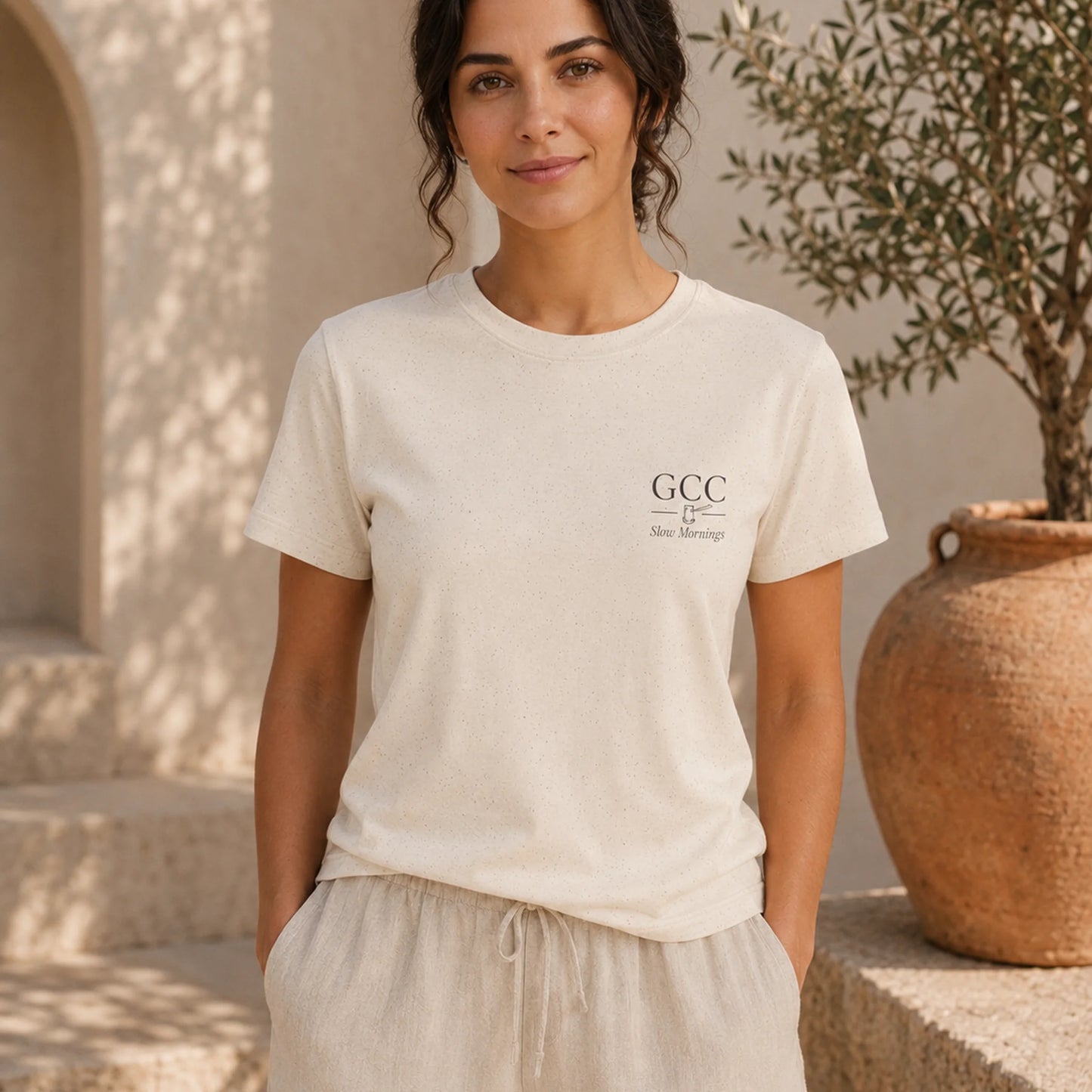 Greek Coffee Club front chest mark on natural unisex T-shirt