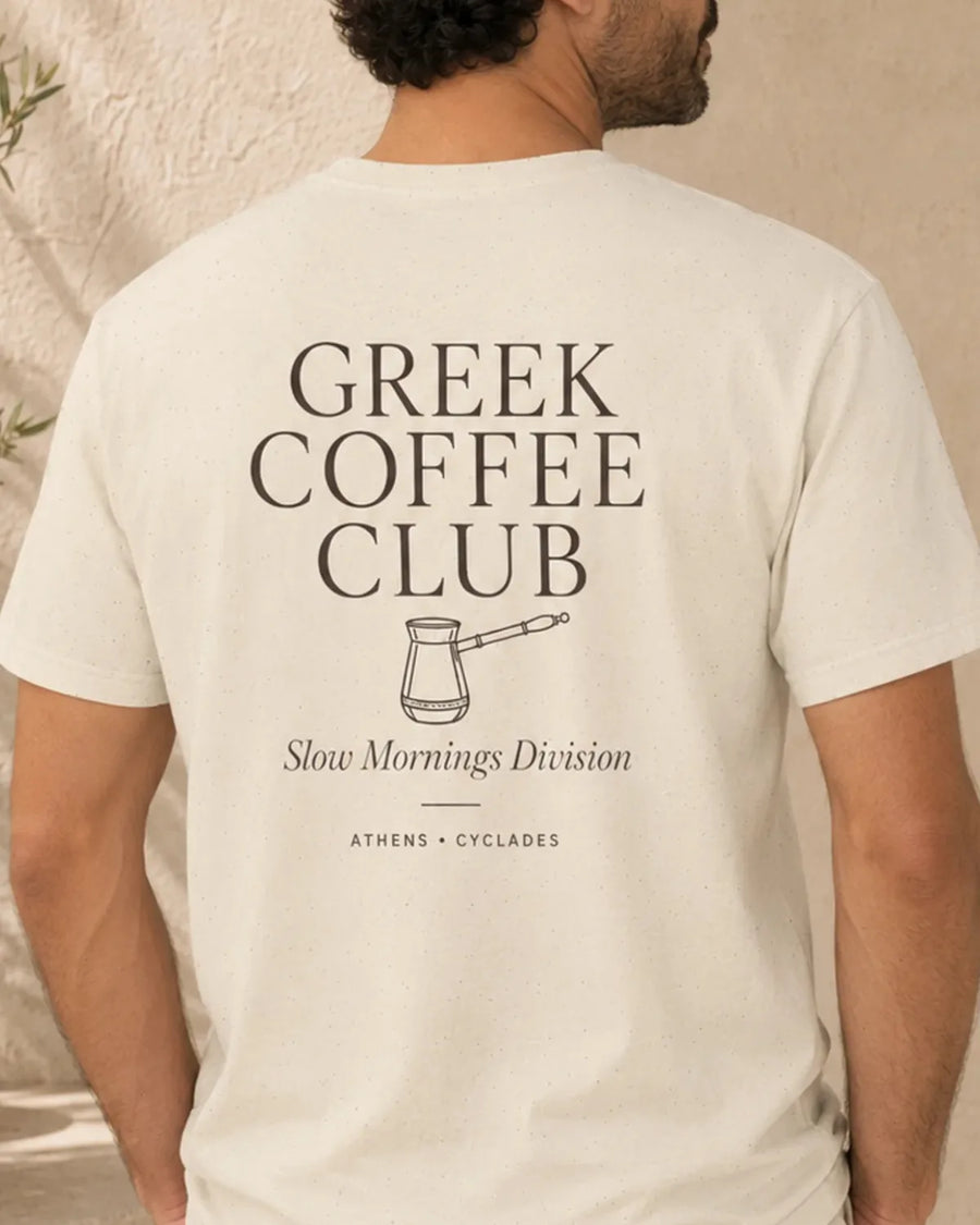 Greek Coffee Club T-Shirt with espresso brown back print on Natural unisex tee