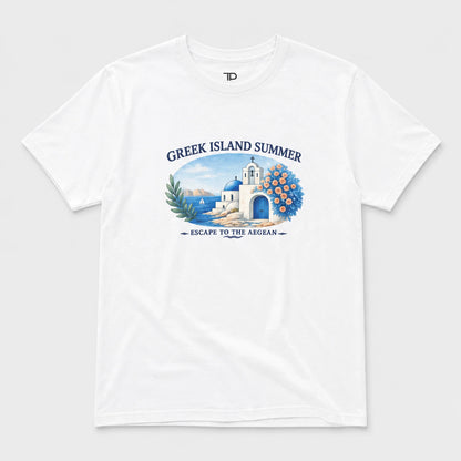A white short-sleeve crewneck t-shirt featuring a colorful graphic print on the front. The graphic depicts a Greek island scene with a white building, blue domes, a blue arched doorway, green palm leaves, and blue peonies, framed by the text 'GREEK ISLAND SUMMER' and 'ESCAPE TO THE AEGEAN'.