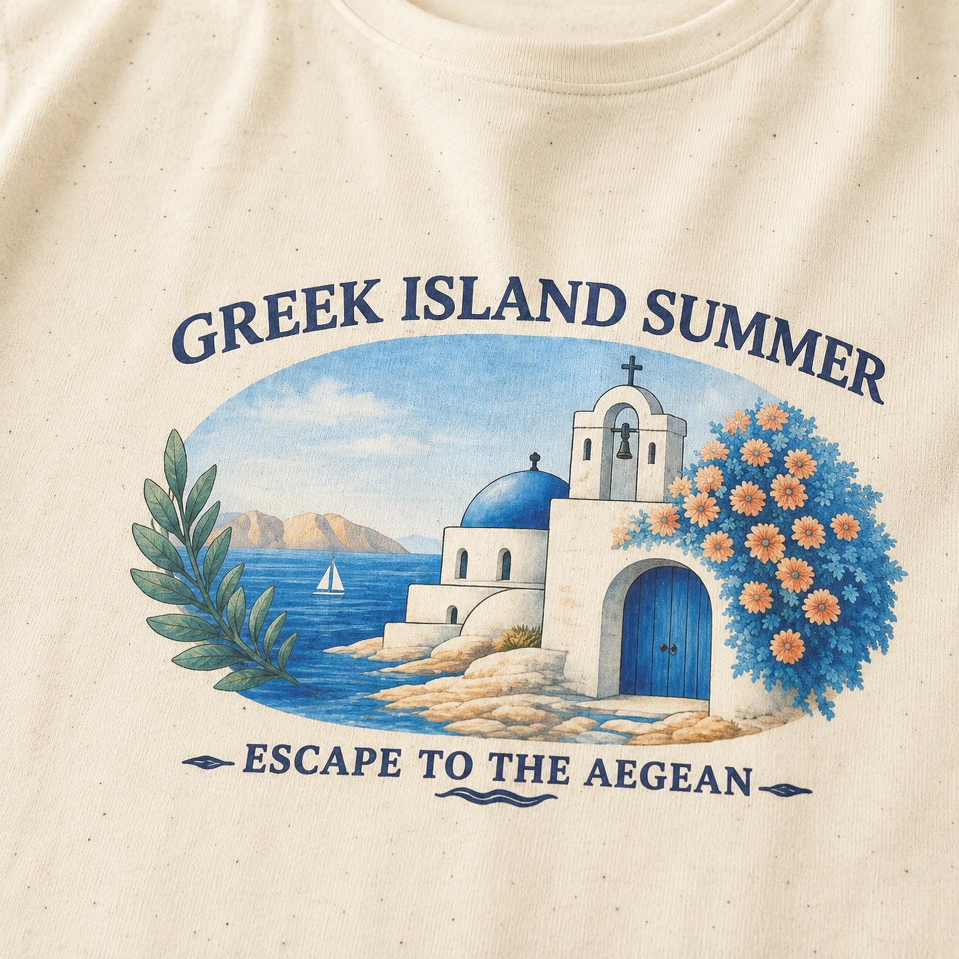 Close-up of an off-white speckled T-shirt with a colorful graphic print depicting a Greek island scene with a white building, blue dome, ocean, flowers, and the text 'GREEK ISLAND SUMMER' and 'ESCAPE TO THE AEGEAN'.