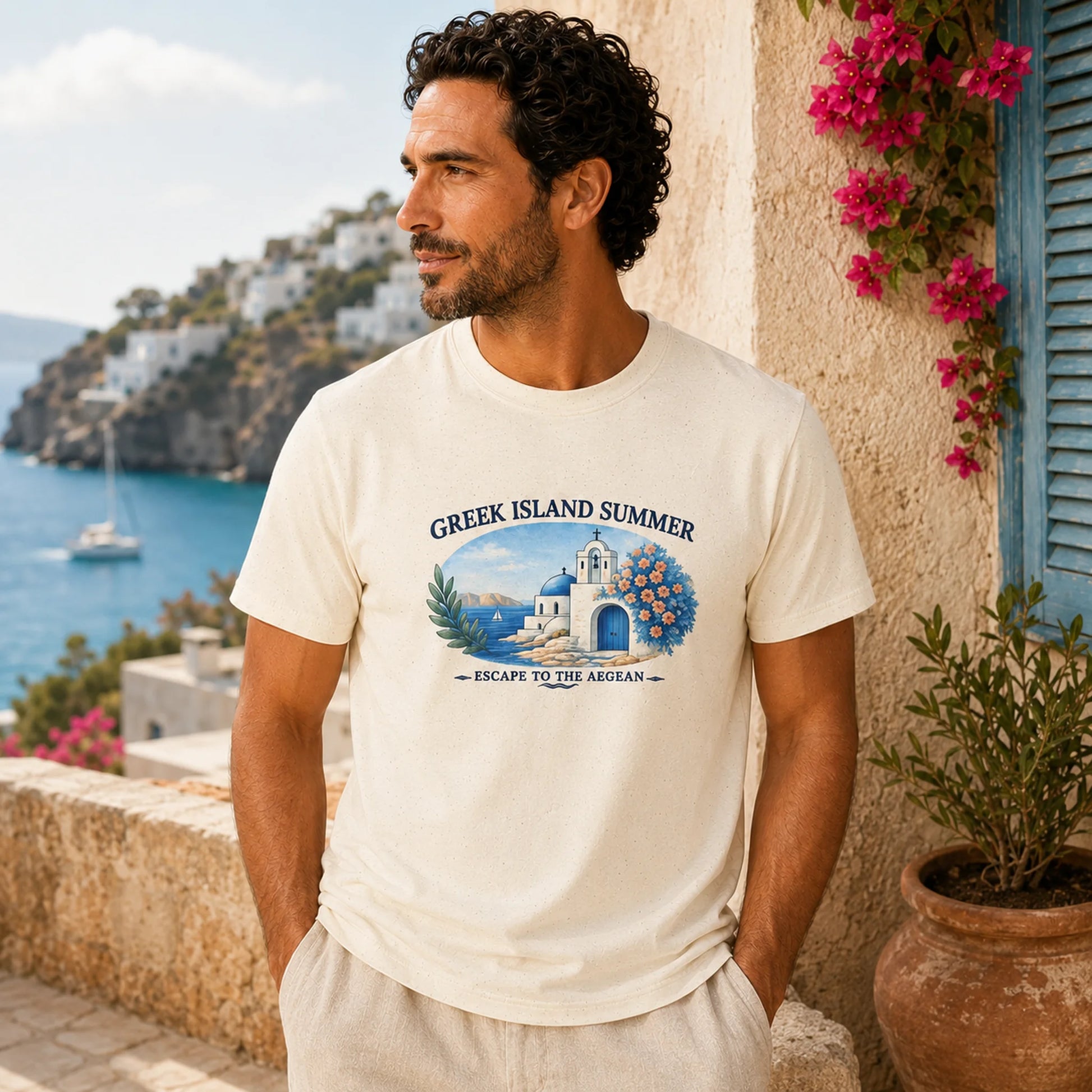 A man wearing a cream-colored graphic t-shirt with a blue and white 'Greek Island Summer' print, standing on a sunny Mediterranean balcony with a sea view in the background.