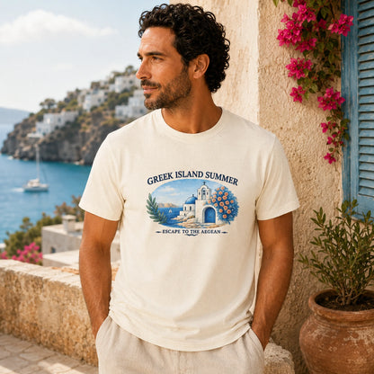A man wearing a cream-colored graphic t-shirt with a blue and white 'Greek Island Summer' print, standing on a sunny Mediterranean balcony with a sea view in the background.